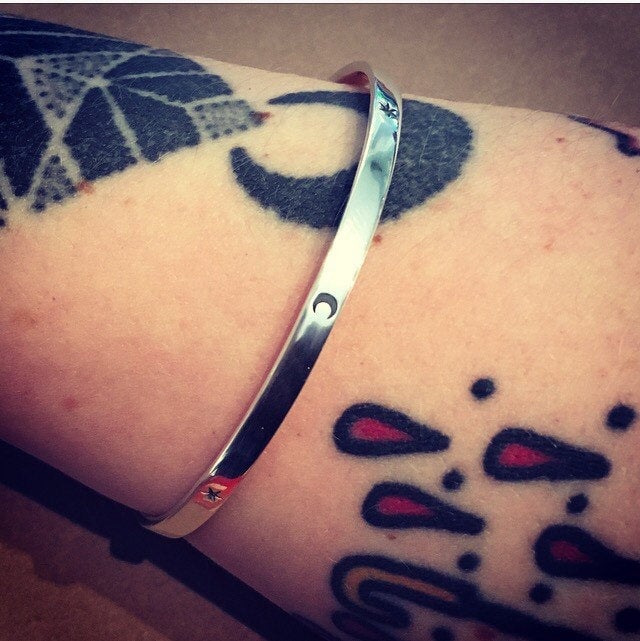 Celestial Crescent moon and star bangle sterling silver 925. Hand stamped cosmic bracelet.
