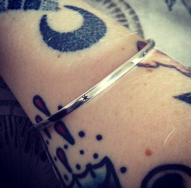 Celestial Sterling silver hand stamped star bangle 925. Hand stamped starry bracelet.