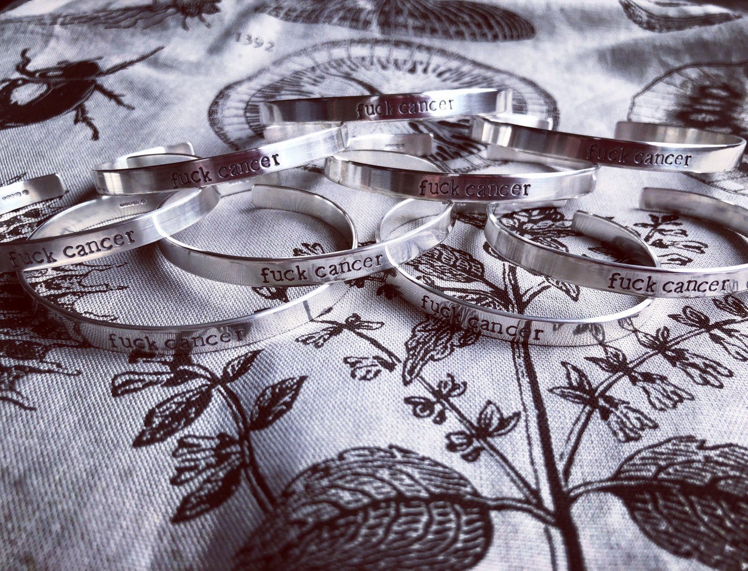 Image of Sterling silver cuff bracelet 'fuck cancer'. Hand stamped silver cuff F*ck cancer 925.