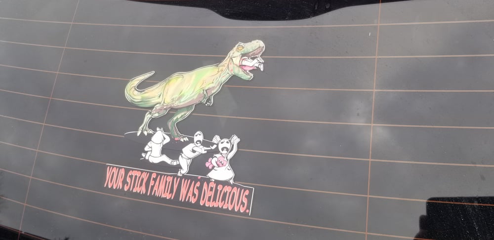 2 "T-Rex vs Stick Family" 6+" waterproof full color stickers