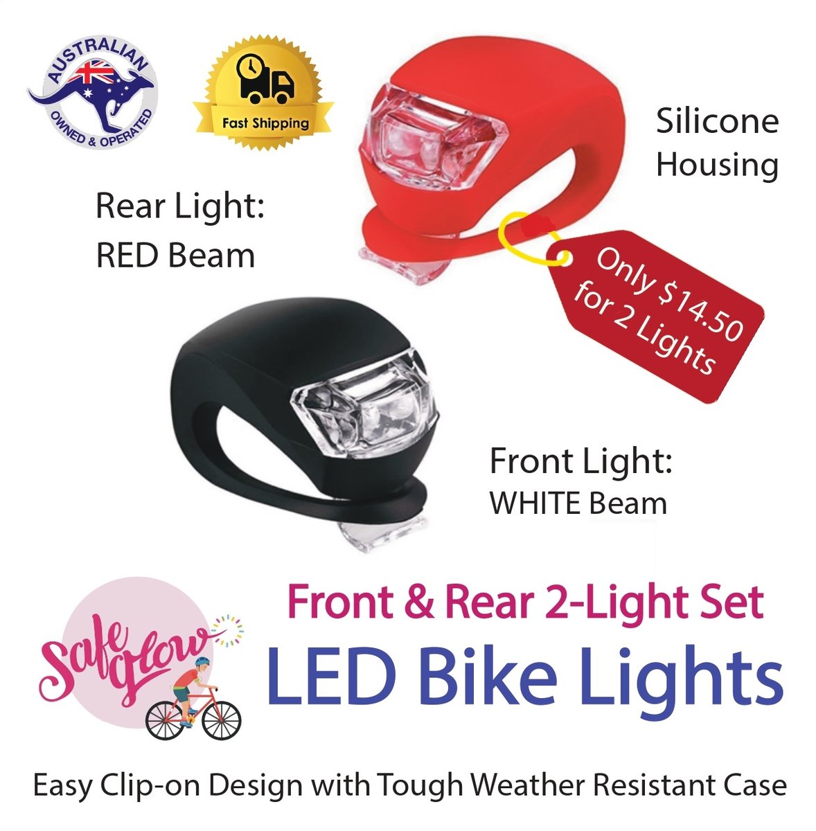 Safeglow® Silicone BIKE LIGHTS Front & Rear. Single or Twin Pack