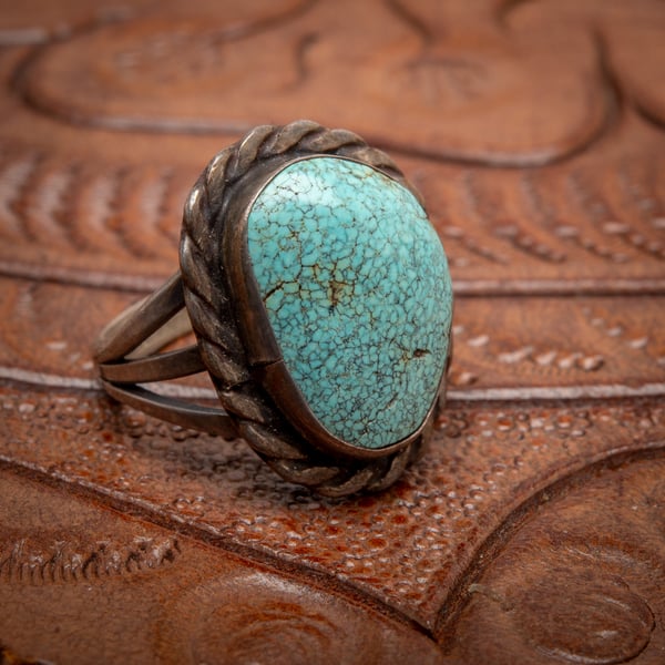Image of 1970s Vintage Sterling Silver Ring with beautiful Spider Web MatrixTurquoise gemstone Size 6.75