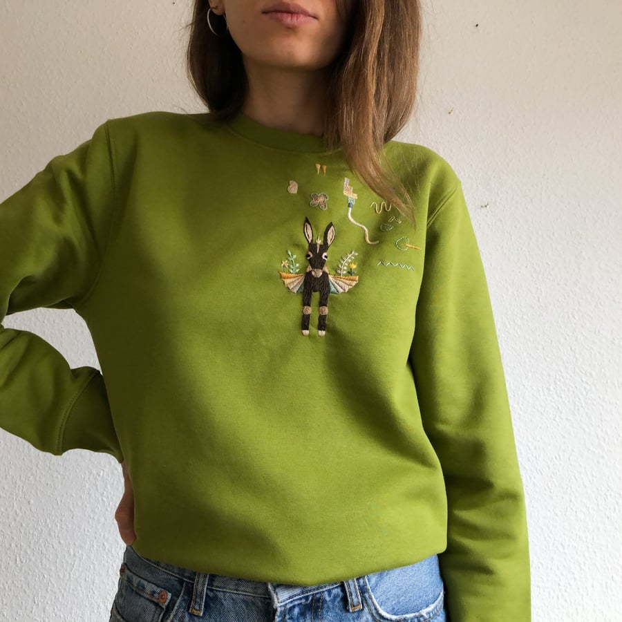 Image of The flying donkey - hand embroidered organic cotton sweatshirt, Unisex
