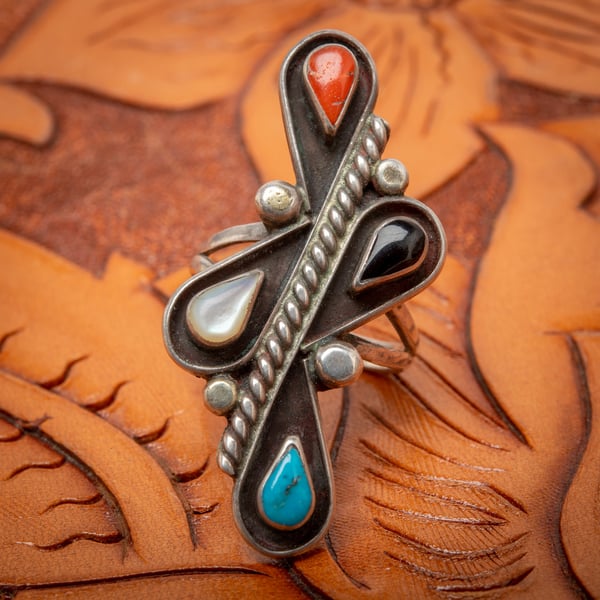 Image of Zuni Sterling Silver Inlay Ring with Turquoise Jet Mother of Pear and Coral Size 5.75