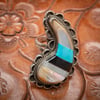 Zuni Sterling Silver Inlay Ring with Turquoise Jet Mother of Pear and Coral Size 7.25.