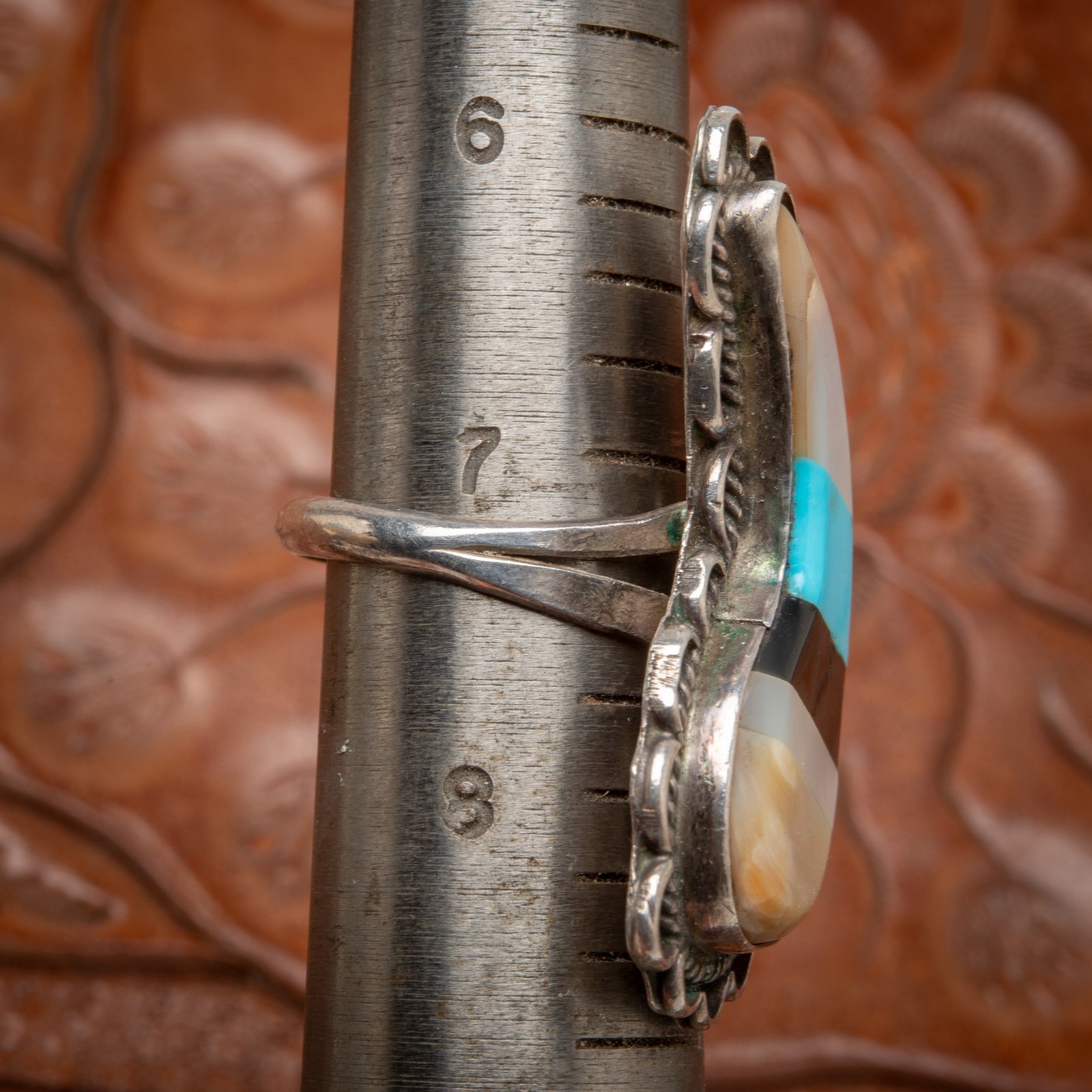 Zuni Sterling Silver Inlay Ring with Turquoise Jet Mother of