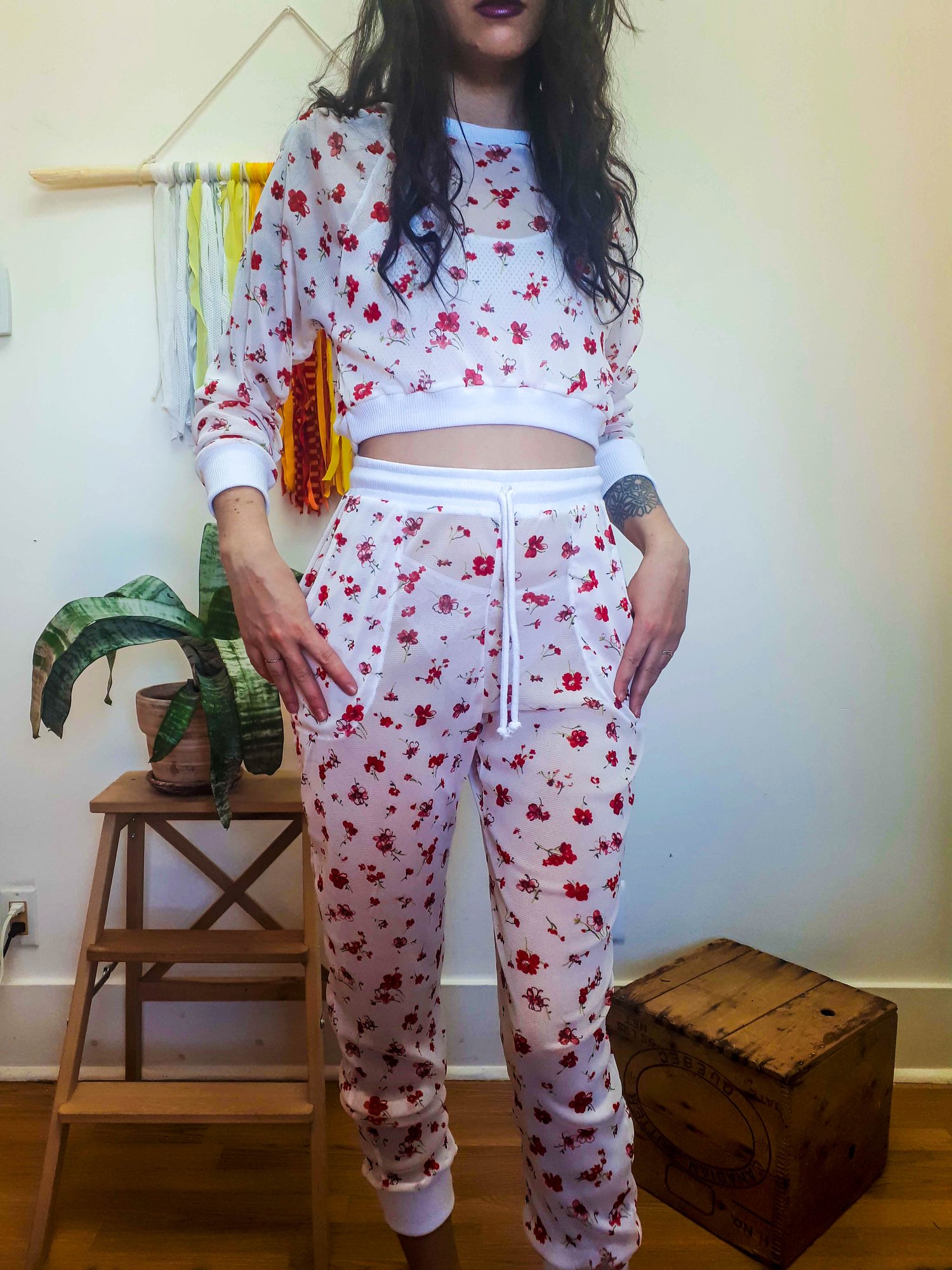 Image of Made-to-Order White Floral Mesh Tracksuit