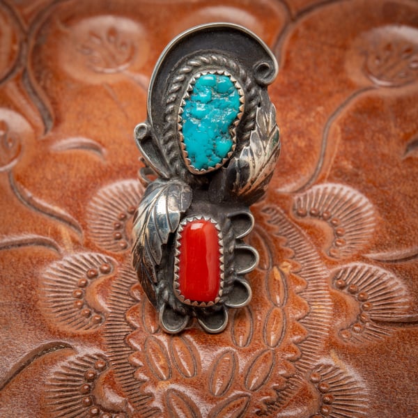 Image of Zuni Sterling Silver Ring by Zuni Silversmith Lila Yawakia with Red Coral and turquoise Nugget 