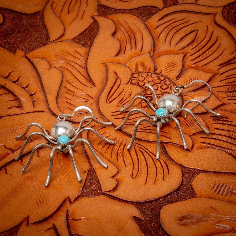 Image of Pair of Sterling Silver with Turquoise Spider Earrings by Zuni Silversmith Albert Pewa
