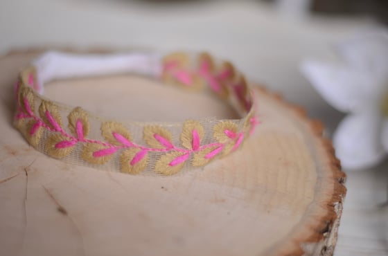 Image of Tan & pink embroidery headband 