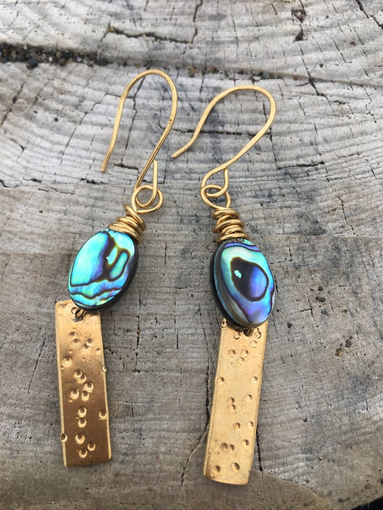 Image of Upcycled Paua Shell & Textured Brass Earrings