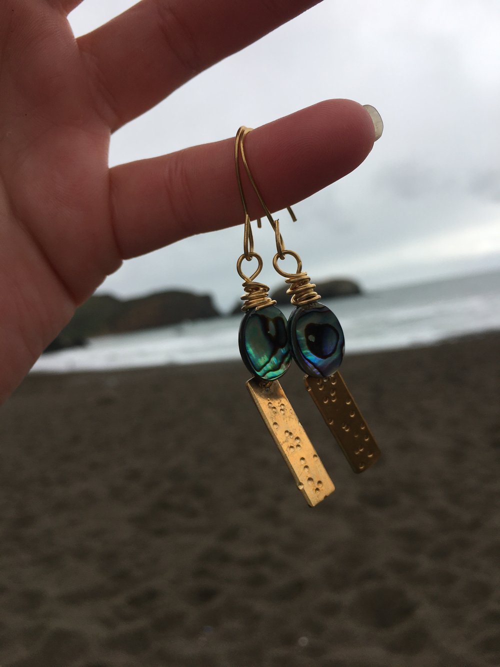 Image of Upcycled Paua Shell & Textured Brass Earrings