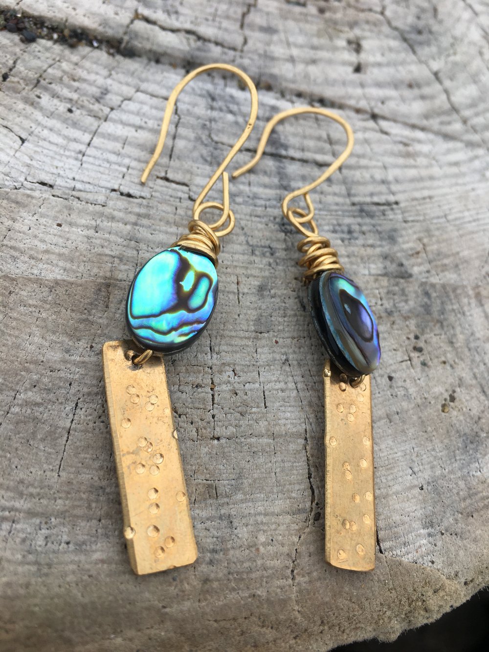 Image of Upcycled Paua Shell & Textured Brass Earrings