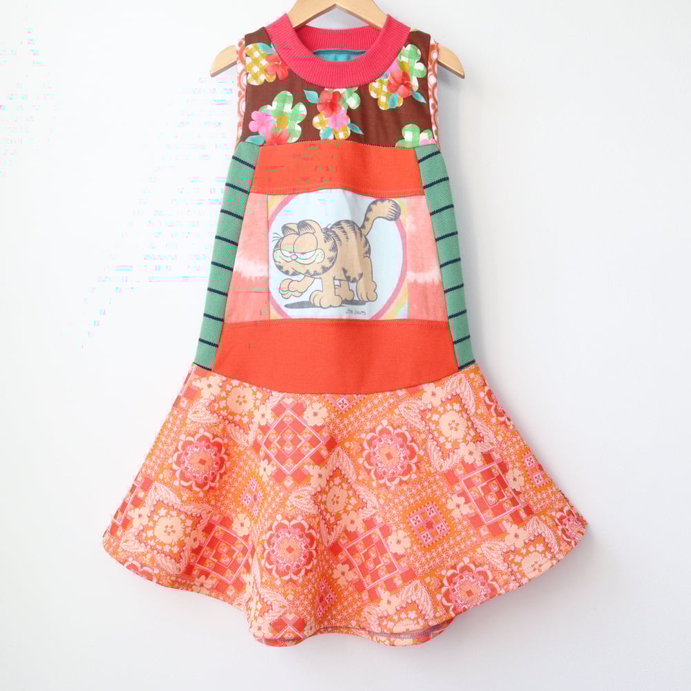 Image of tangerine orange floral garfield 7/8 vintage fabric courtneycourtney sleeveless tank dress