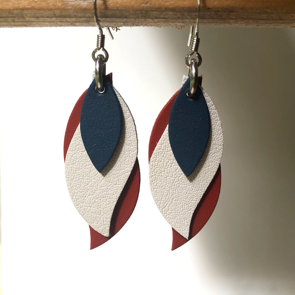 Image of Handmade Australian leather leaf earrings - Royal blue, cream, rusty red [LBR-238]