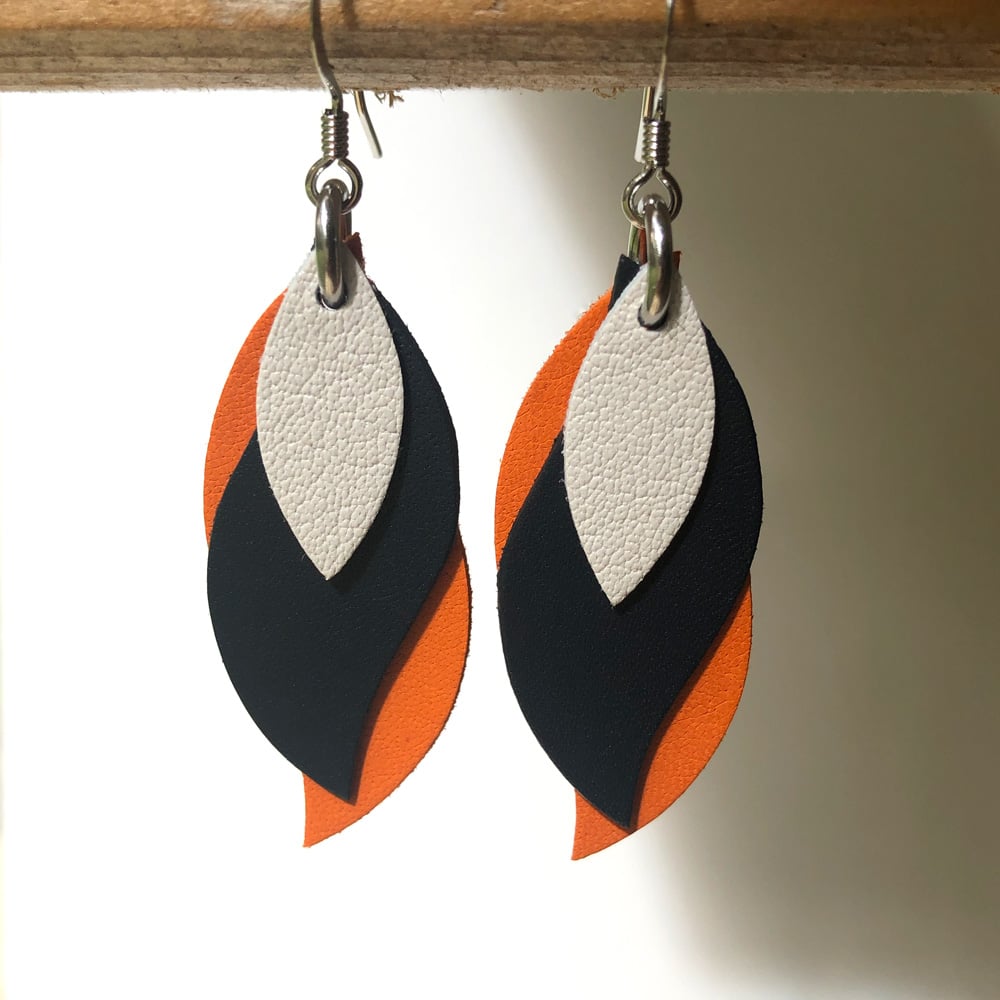 Image of Handmade Australian leather leaf earrings - cream, dark navy, orange [LNO-188]