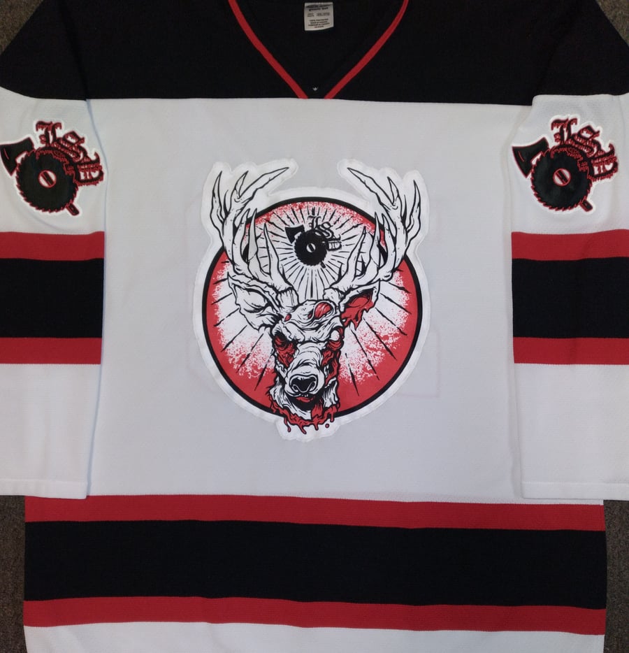 Image of LSP: 20TH ANNIVERSARY  RED/ BLACK STRIPE EMBROIDERED HOCKEY JERSEY