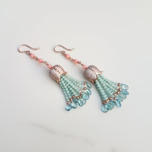 Coral, Amazonite, Aquamarine Mini Tassel Earrings