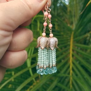 Coral, Amazonite, Aquamarine Mini Tassel Earrings