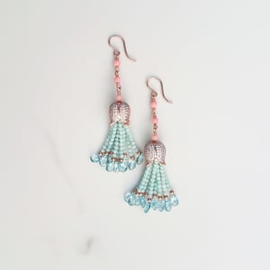 Coral, Amazonite, Aquamarine Mini Tassel Earrings