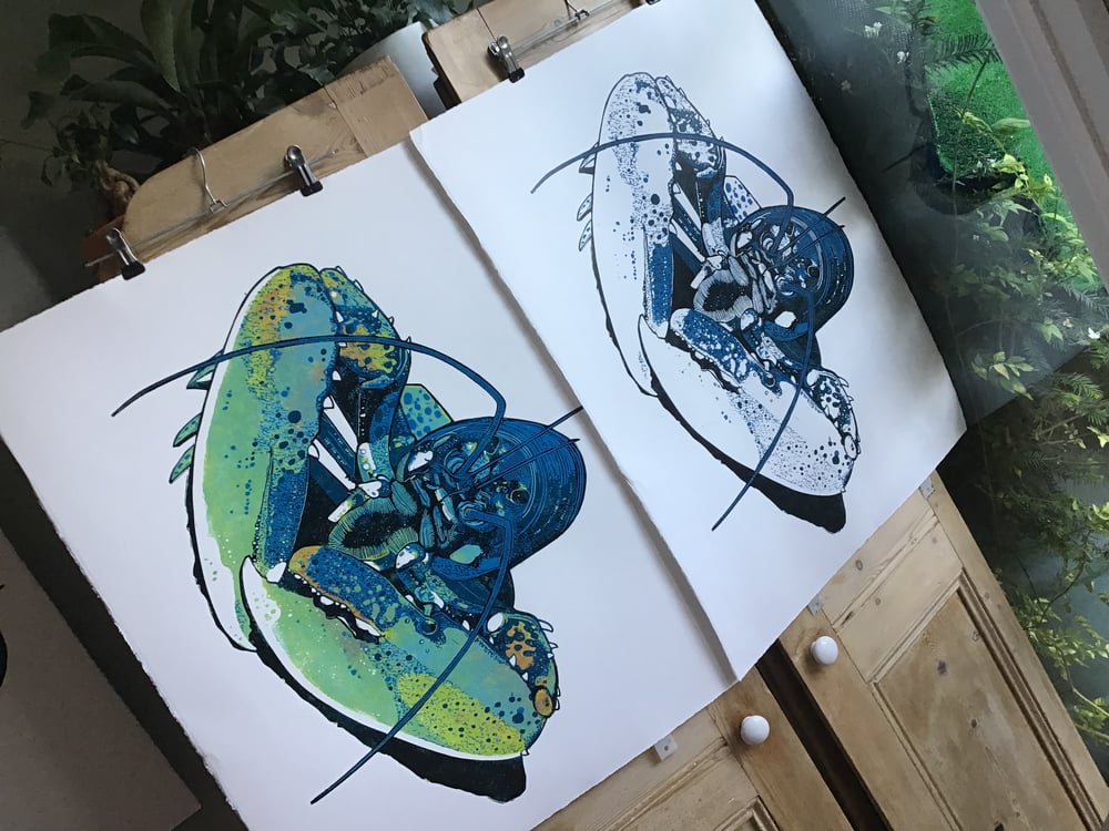 3 colour Lobster reduction linocut print