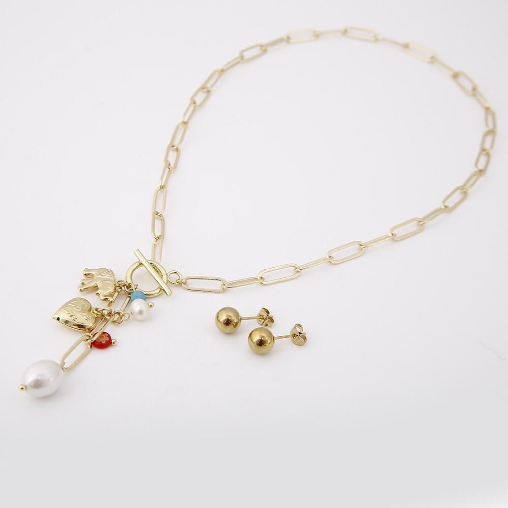 Link Necklace with elephant charms - heart and white pearls