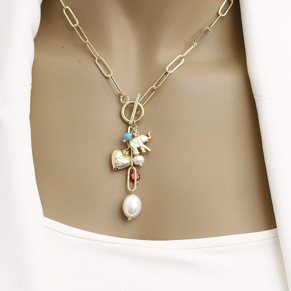 Link Necklace with elephant charms - heart and white pearls