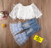 Frilly Ivory Two Piece Flared Distressed Denim Set