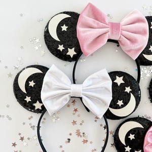Image of Moon and Stars Mouse Ears with Pink, Silver and White Bows 