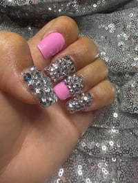 Image 1 of  Pink short square Silver rhinestone gel press on nails