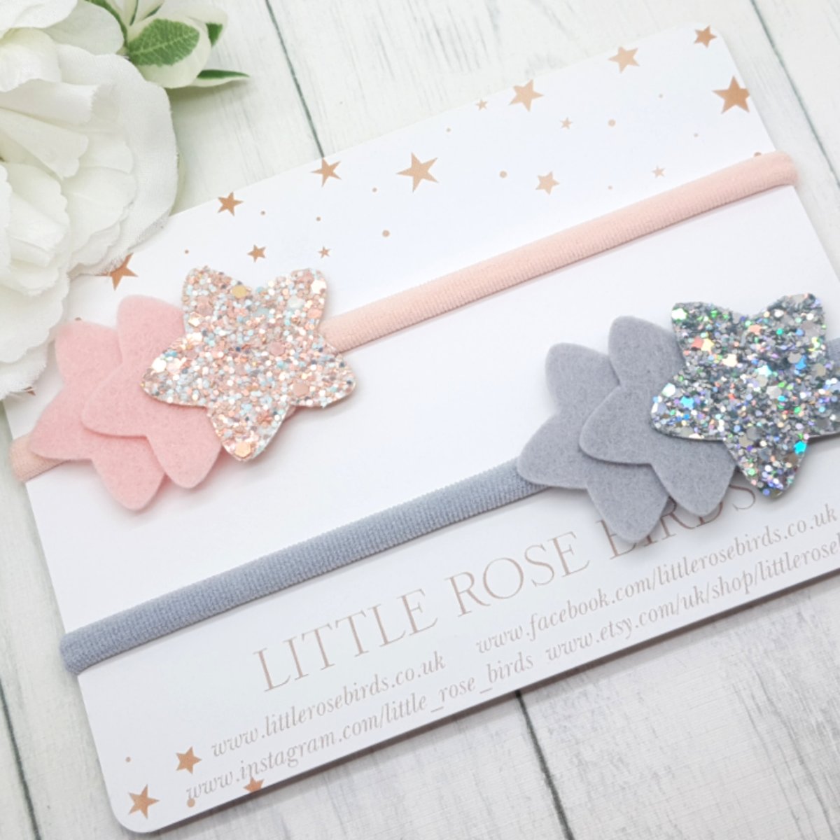 Image of Pink & Grey 3 Star Bow - Choice of Headband or Clips