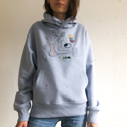 Image of Proper (inner) demons Balancing - hand embroidered organic cotton hoodie, Unisex, one of a kind