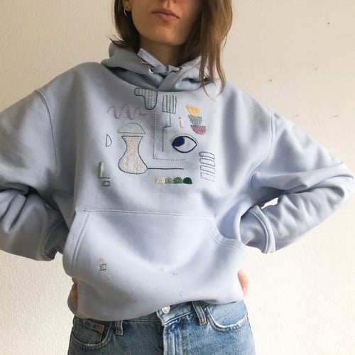 Image of Proper (inner) demons Balancing - hand embroidered organic cotton hoodie, Unisex, one of a kind