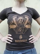 Image of Womens V-Neck Brown with engine logo brown.  