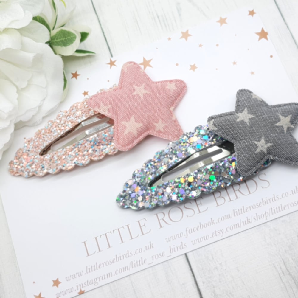 Image of Pink & Grey Glitter Star Snap Clips