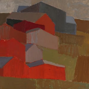 Image of Mid Century Swedish Oil Painting, Abstract Farmstead
