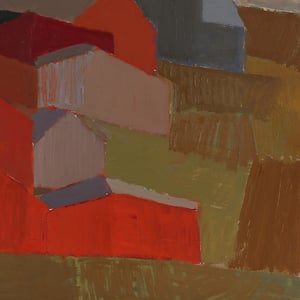 Image of Mid Century Swedish Oil Painting, Abstract Farmstead