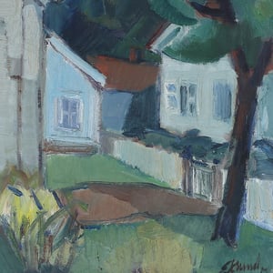 Image of 1951 Swedish Oil Painting, Village Scene BENGT EKLUND