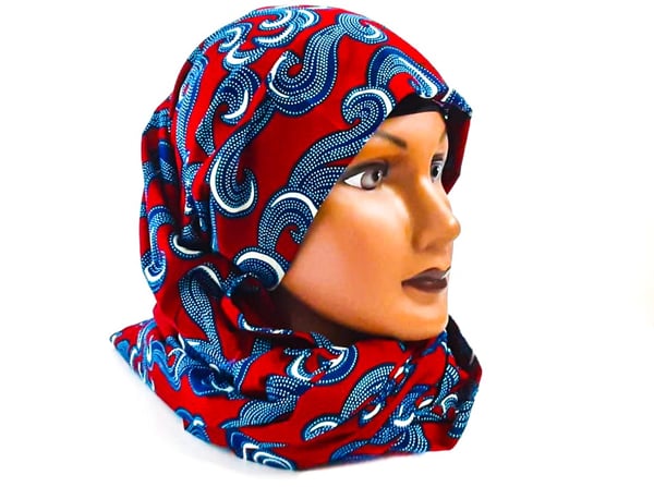 Image of Single Ankara Red and Blue Wave or Blue Pink and Yellow Flower Block Print  HeadWrap