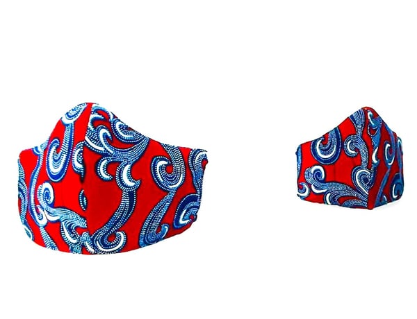 Image of Single  Ankara Red and Blue Wave  Block Print Print Facemask 