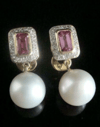SUPERB 18CT NATURAL PINK SAPPHIRE CULTURED PEARL DIAMOND EARRINGS