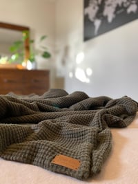 Image 1 of Olive green waffle throw blanket 