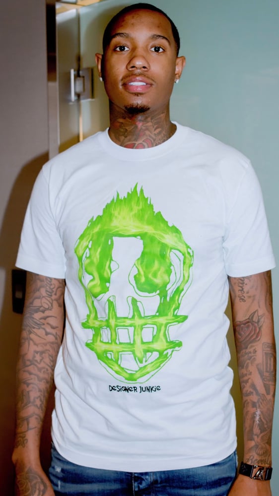 Neon Green Flaming Junkie Tee White Designer Junkie Apparel