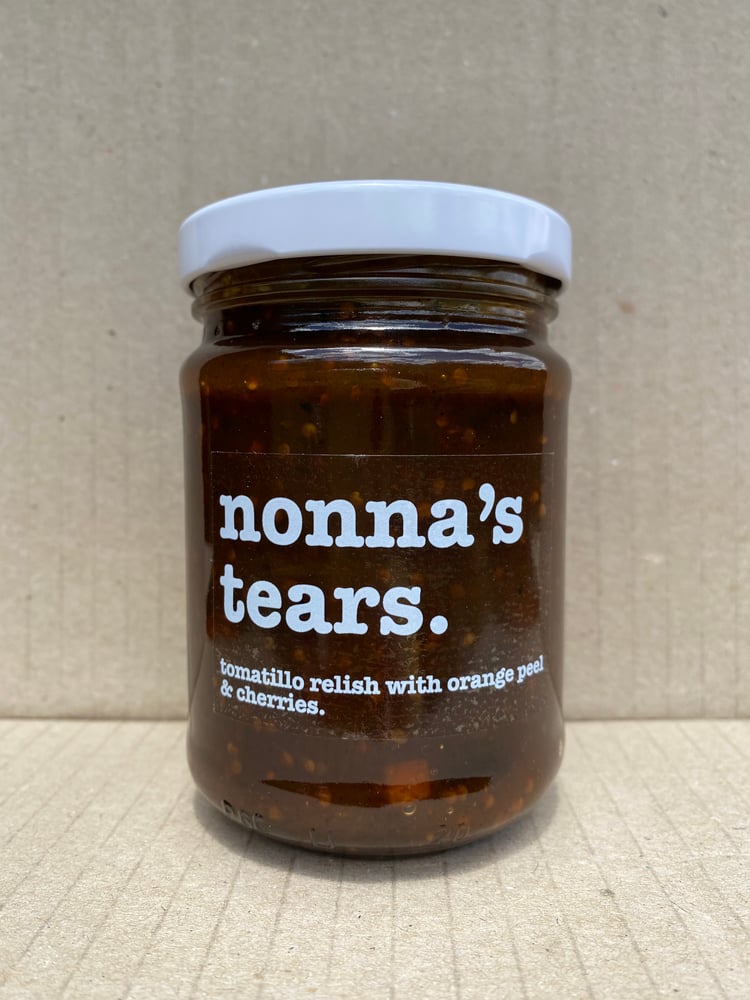 Image of tomatillo chutney with orange peel & cherries. 250ml