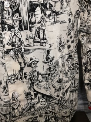 Image of Day of dead , skeletons drinking in a bar, men's shirt