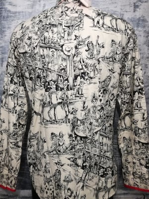 Image of Day of dead , skeletons drinking in a bar, men's shirt