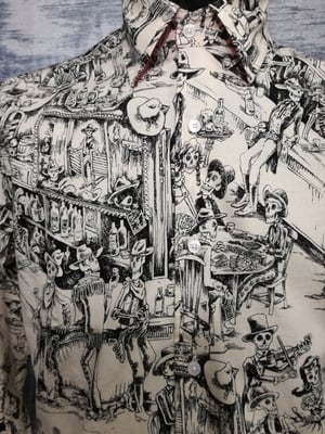 Image of Day of dead , skeletons drinking in a bar, men's shirt