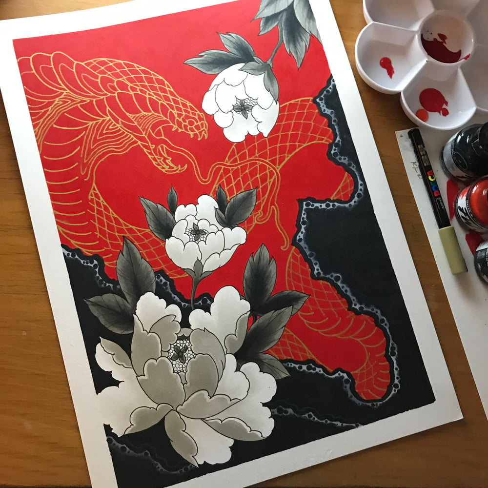 Image of Peonies and snake