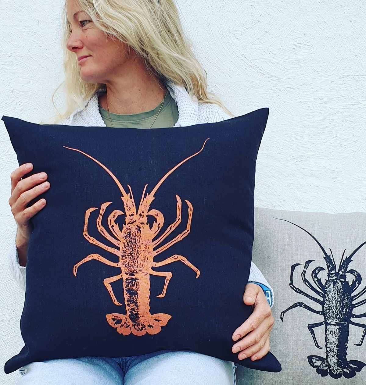 Tassie Lobster Cushion Cover in Black Linen