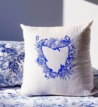 Totally Tasmania Cushion Cover in Oatmeal Linen - Blue design